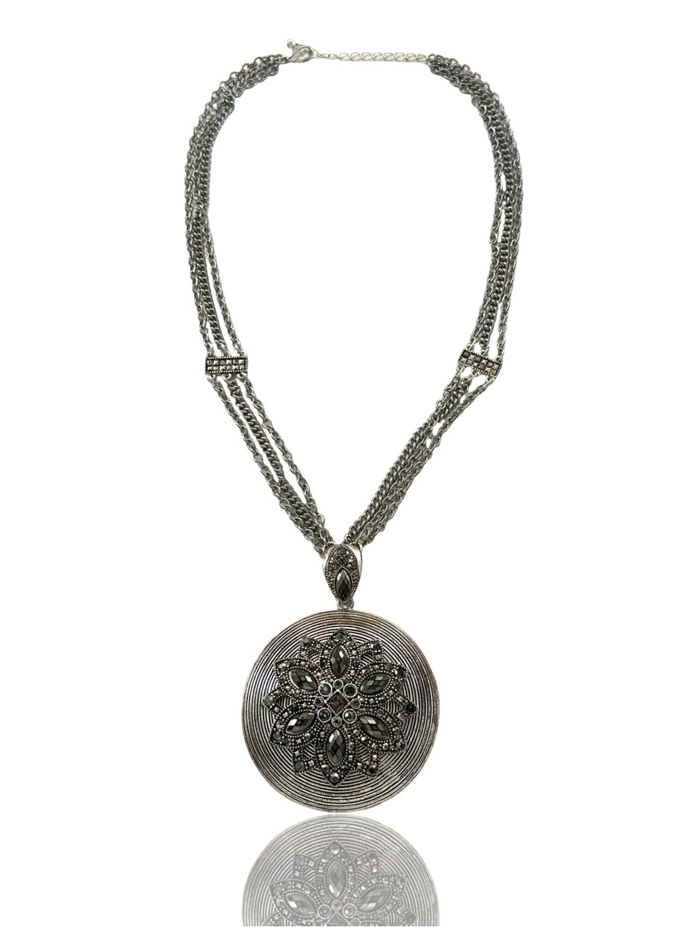 Unique Vintage Silver-Tone Filigree Medallion Necklace with Black Stones